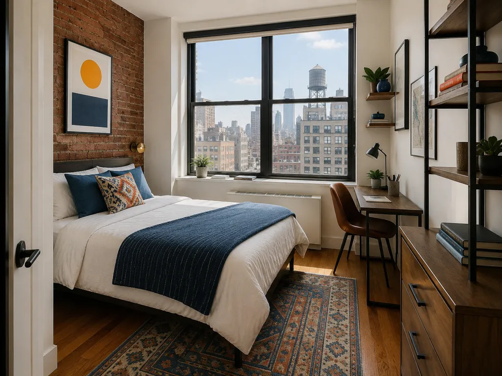 A bedroom with a bed, rug, desk, and city view from the window.