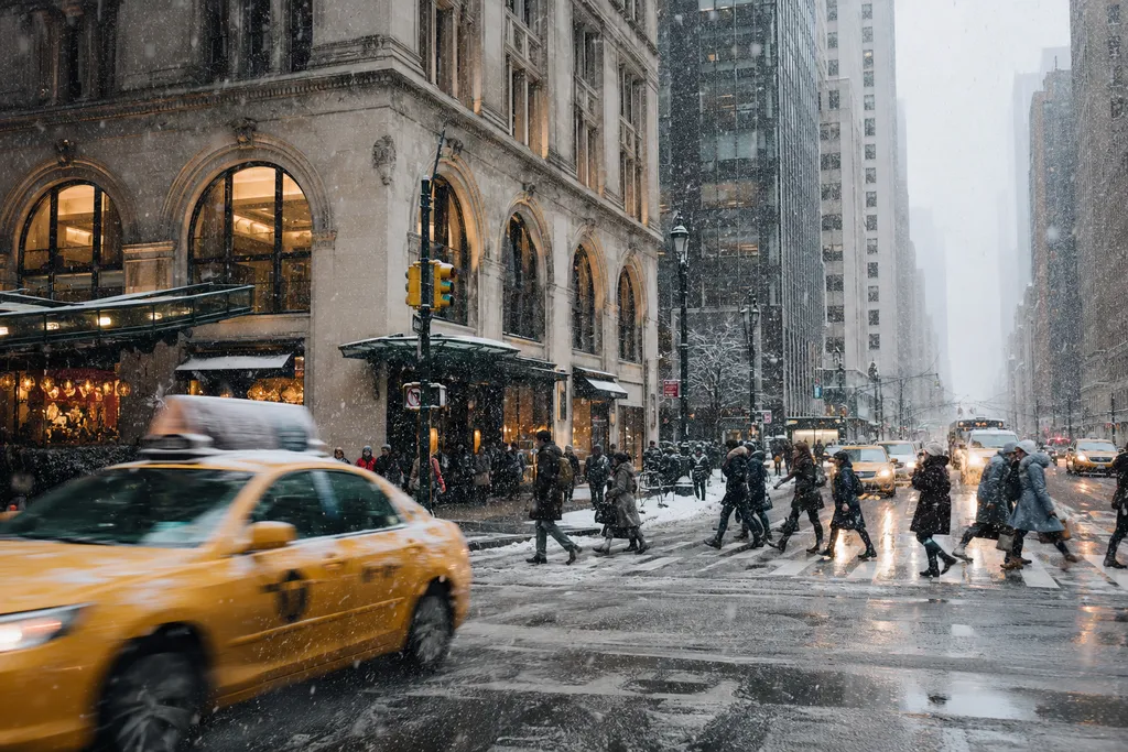 A busy city street with pedestrians crossing during a snowy day.