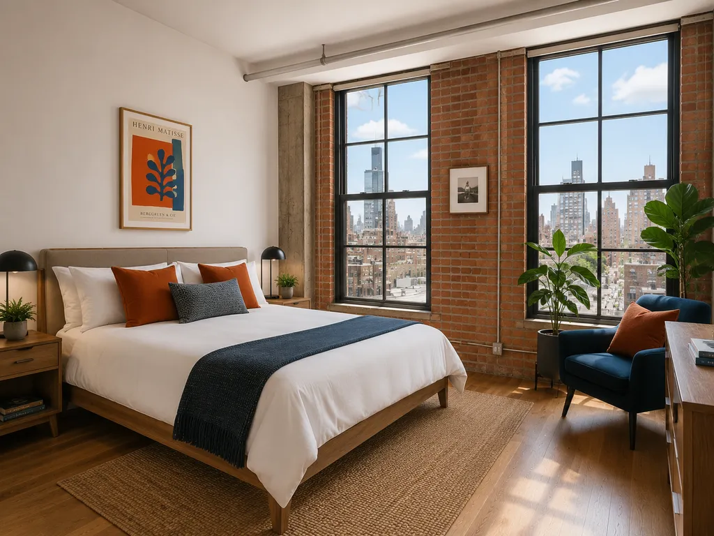 A bedroom with a bed, two lamps, a chair, and a potted plant.