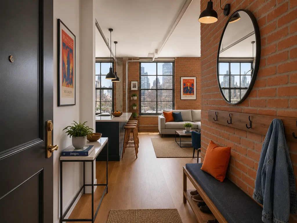 A modern open-concept living room with a brick wall, a round mirror, and a bench.