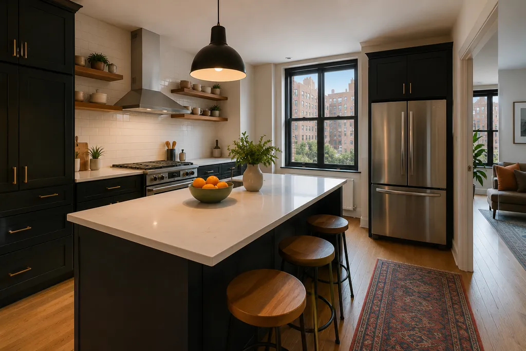 A modern kitchen with a white island, black cabinets, and a stainless steel refrigerator.