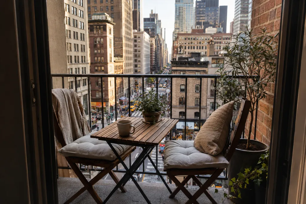 Balcony with a table, two chairs, and potted plants overlooking a city skyline.